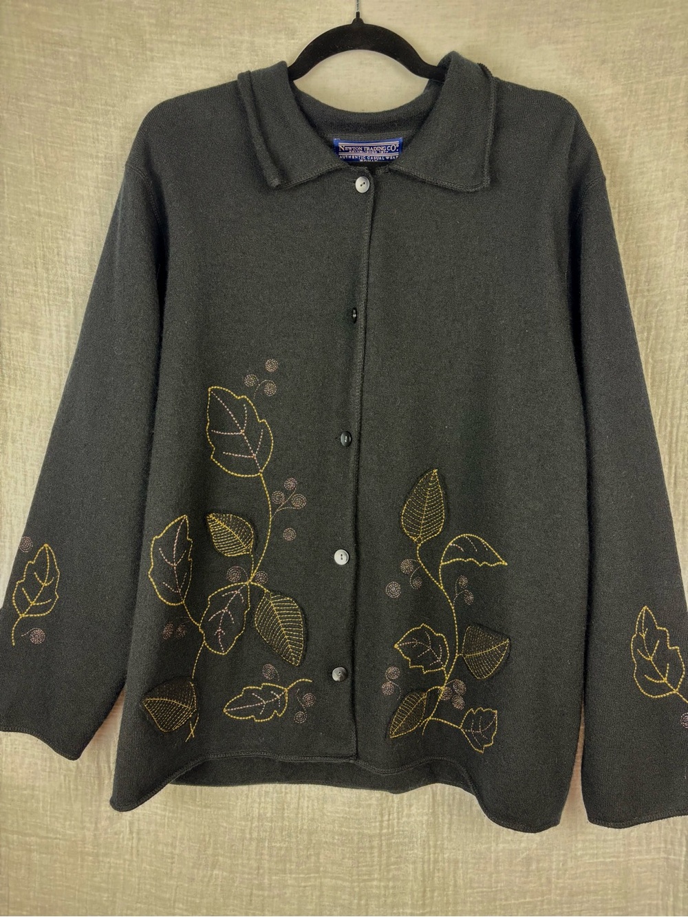 VTG Embroidered Leaf Wool Button-Up Cardigan Sweater